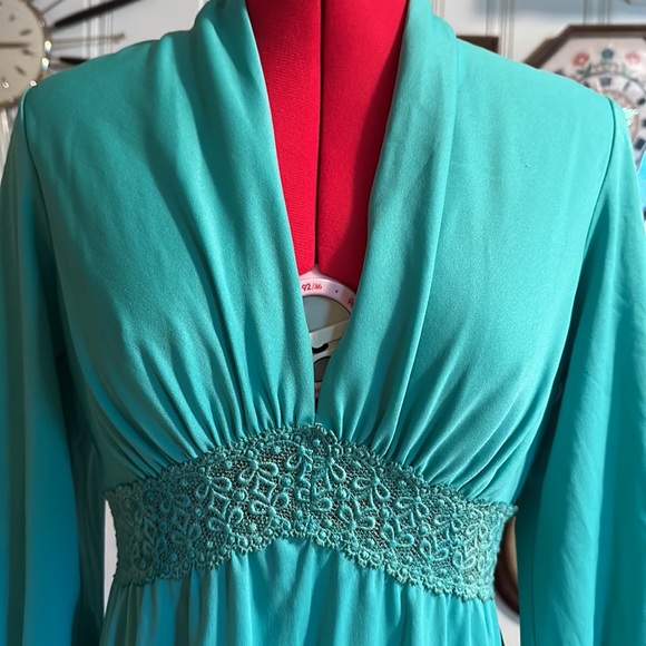 Vintage 70s Aqua Polyester Gown - Picture 2 of 7